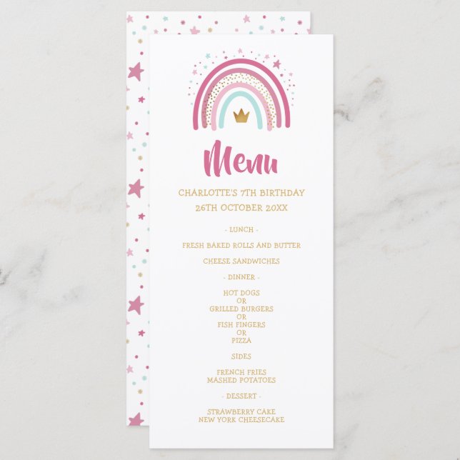 Menu Modern Rainbow de aniversário de festa temáti (Frente/Verso)