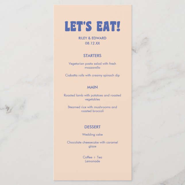 Menu Modern Retro Blue & Beige 'Let's Eat!' Wedding (Frente)