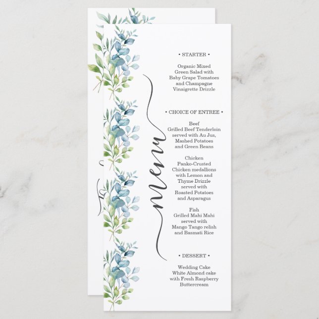 Menu Modern Watercolor Eucalyptus Greenery Wedding (Frente/Verso)