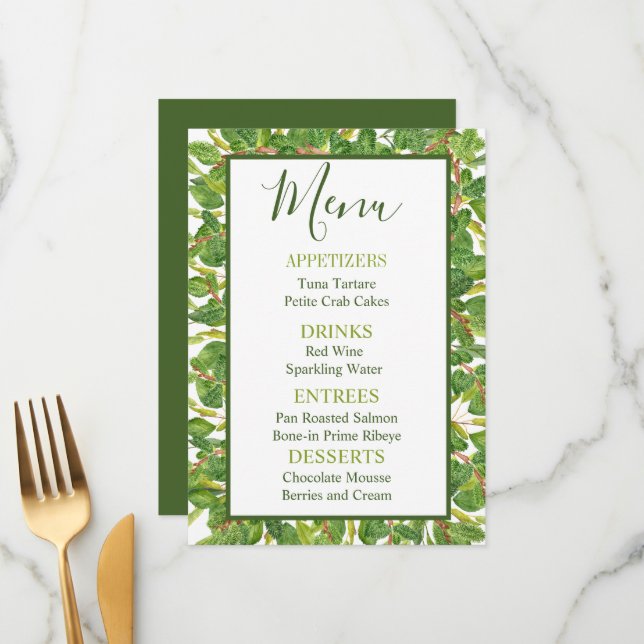 Menu Modern Watercolor Greenery Wedding (Frente/Verso In Situ)