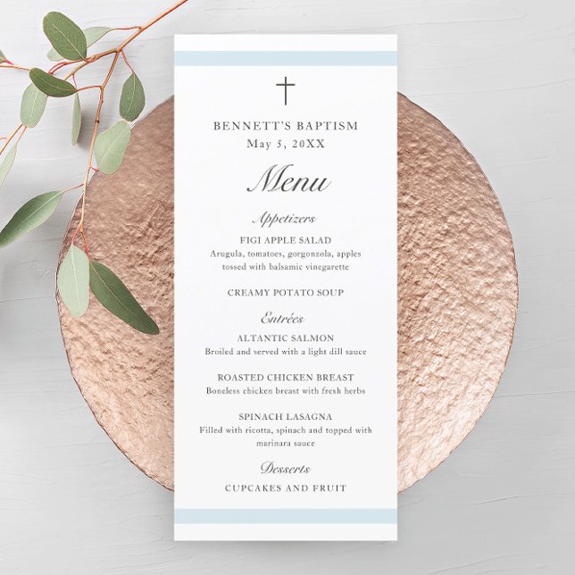 Menu Moderno Batismo de Meninos Azul Elegante (Modern boys baptism menu with script headlines and simple cross.)