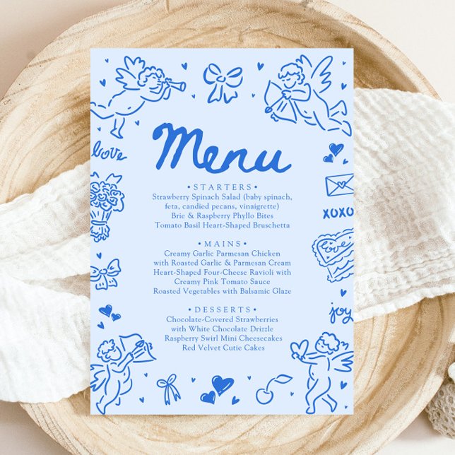 Menu Moderno de São Valentim com Corações Azuis De (Modern Blue Hearts Hand Drawn Valentine Menu)