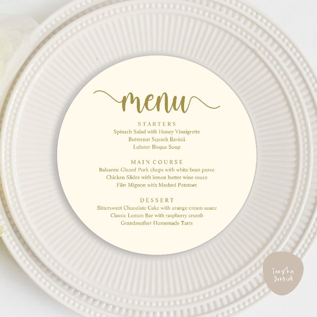 Menu Moderno Rústico, Jantar Redondo de Casamento Fugaz (Modern Rustic, Wedding Elopement Round Dinner Menu Card in Cream and Gold)