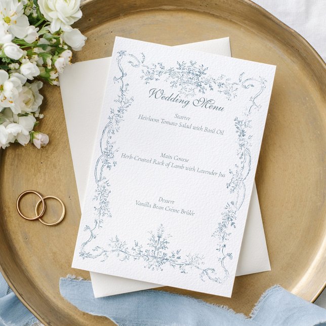 Menu Moldura de Casamento Azul Francês Vintage (Criador carregado)