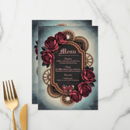 Menu Moldura Steampunk com Rosas vermelhas e engrenagen