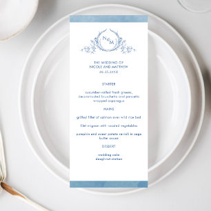 Menu Monograma Azul Cor de Água Elegante, Casamento
