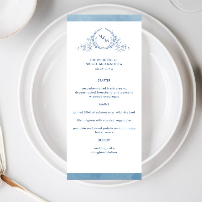 Menu Monograma Azul Cor de Água Elegante, Casamento (Criador carregado)
