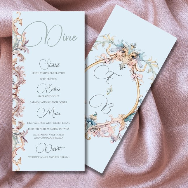 Menu Monograma Azul da Era da Regência de Casament (Criador carregado)