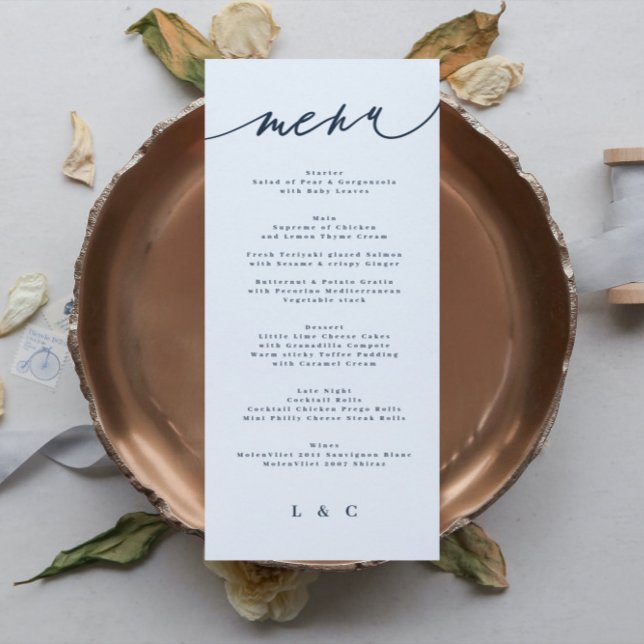 Menu Monograma Branco do Marinho Elegante Azul Clássico (Criador carregado)