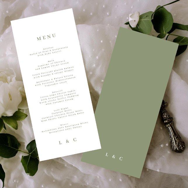 Menu Monograma Branco Elegante Verde Sage Simples (Criador carregado)