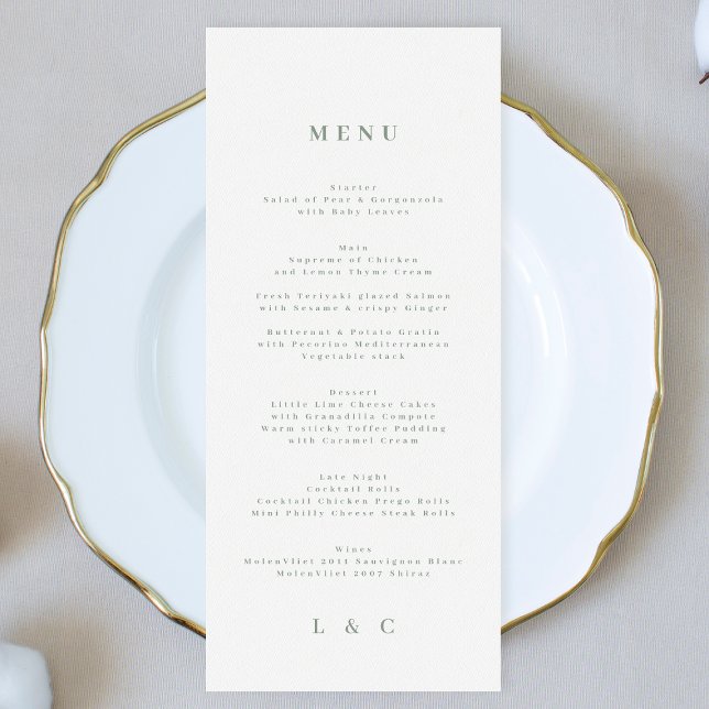 Menu Monograma Branco Verde de Sage Simples Elegante (Criador carregado)