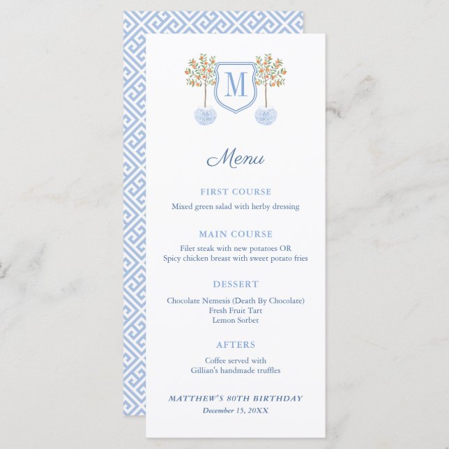 Menu Monograma Citrus Tree Formal Baptism Luncheo (Frente/Verso)