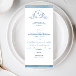 Menu Monograma Clássico Elegante - Cor Azul - Água, Cas<br><div class="desc">Aprecie seus convidados com este belo menu de casamento, com elegante monograma botânico desenhado à mão com casais iniciais e listras de aquarela azul na frente, enquanto no verso, listras brancas sobre um fino fundo azul de lavagem de aquarela. Fácil preencher modelo para pedir seus impressões! Monograma com iniciais em...</div>