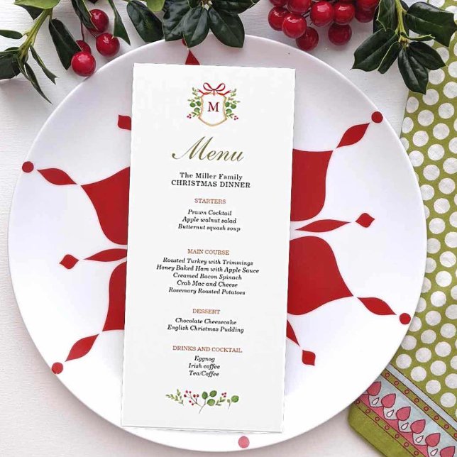 Menu Monograma Crest com janto de Natal Greenery (Criador carregado)