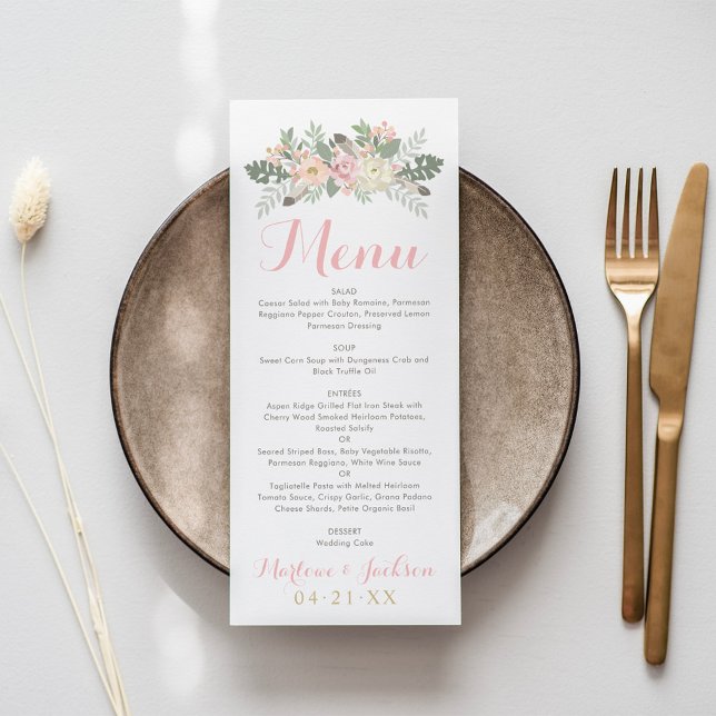 Menu Monograma de Casamento de Boho Floral Dourado e Ro (Criador carregado)