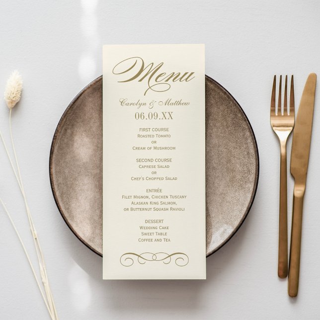 Menu Monograma de Casamento de Rolagem Dourada de Ivory (Criador carregado)