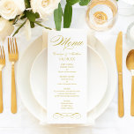 Menu Monograma de Casamento de Rolagem Dourada Elegante<br><div class="desc">Cartões de menu de janto de casamento elegantes e formais apresentam um script de na moda e detalhes de rolagem com um design de inspiração vintage. Branco com cor dourada impressa digitalmente. Escolha um estoque de cartolina para adicionar um efeito metálico brilhante à inscrição. Personalize o monograma personalizado com os...</div>