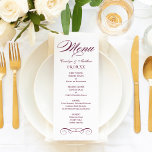 Menu Monograma de Casamento de Rolagem Vermelha Elegant<br><div class="desc">Cartões de menu de janto de casamento elegantes e formais apresentam um script de na moda e detalhes de rolagem com um design de inspiração vintage. Vinho borgonhado tinto e branco. Personalize o monograma personalizado com os nomes da noiva e do noivo, a data do evento e os detalhes do...</div>