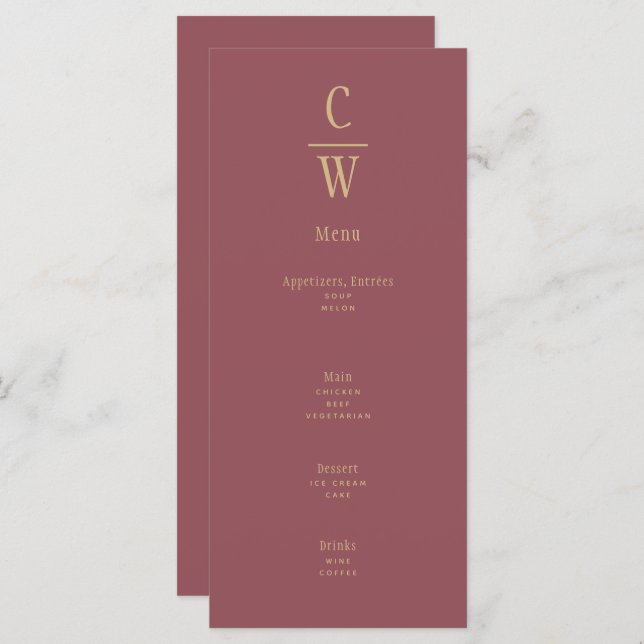 Menu Monograma de Casamento Dourado Cor-de-Rosa Moderno (Frente/Verso)