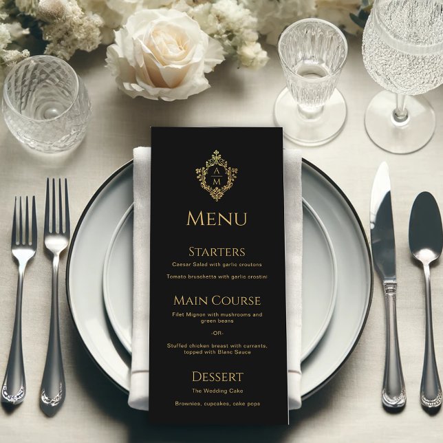 Menu Monograma de Casamento Elegante Dourado Faux Preto (Criador carregado)