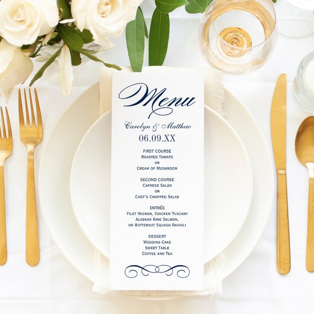 Menu Monograma de casamento elegante em azul naval com  (Criador carregado)