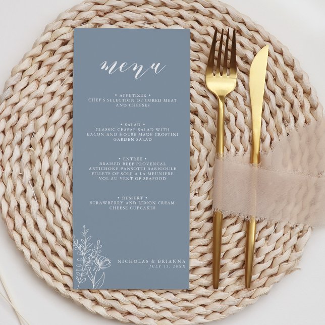 Menu Monograma de Casamento Floral Mínimo de Azul Moder (Criador carregado)