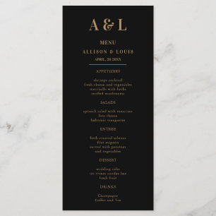Menu Monograma de Casamento Negro Minimalista Dourado
