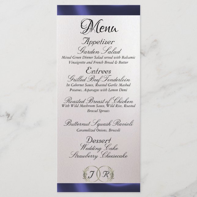 Menu Monograma e Fita - Casamento Branco Pérola (Frente)