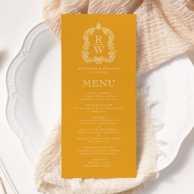 Menu Monograma Elegante Crest Marigold Casamento Amarel (Criador carregado)