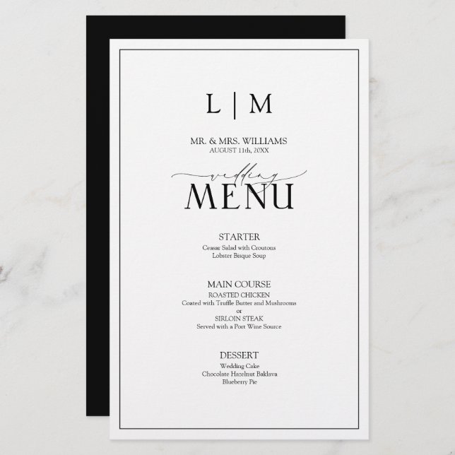 Menu Monograma Elegante de Caligrafia Preta e Bran (Frente/Verso)