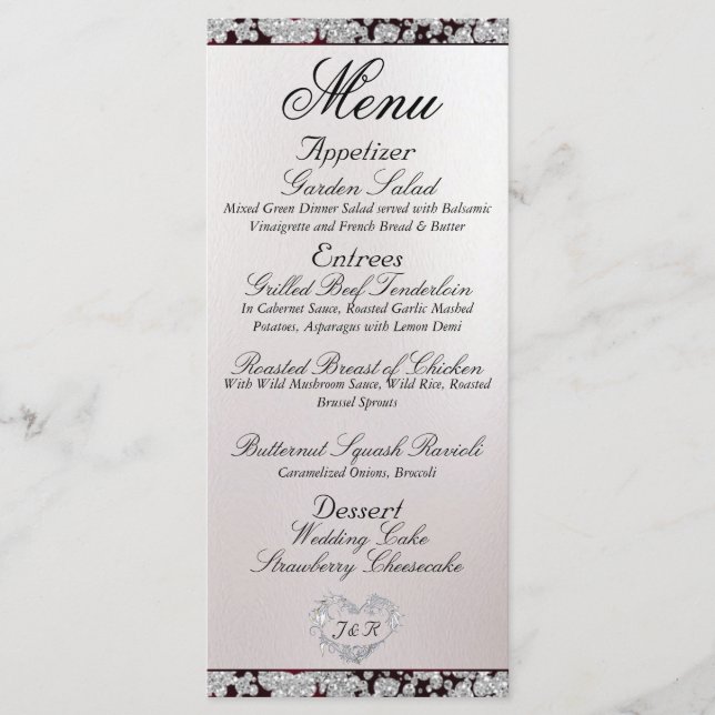 Menu Monograma, Fita e Brilho - Casamento de Borgonha (Frente)