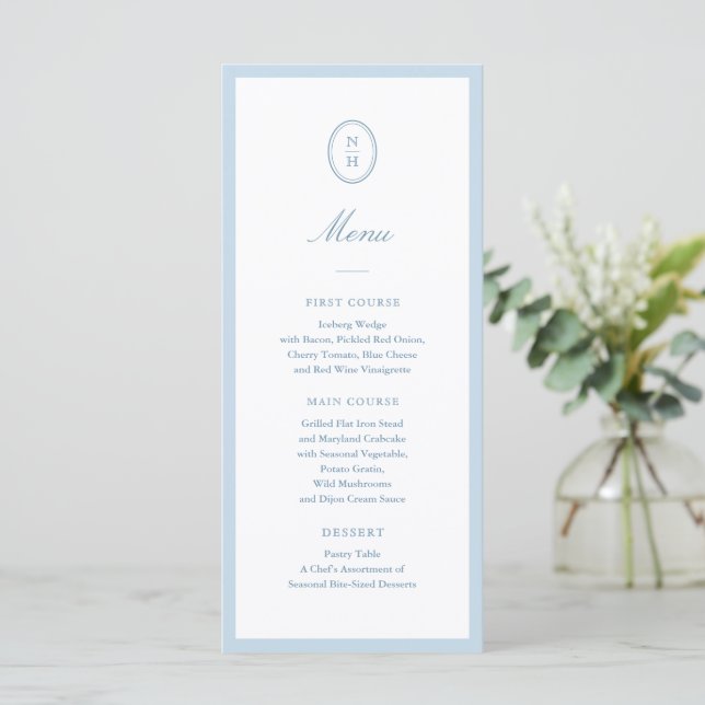 Menu Monograma Minimalista de Casamento Azul Poeira Men (Em pé/Frente)