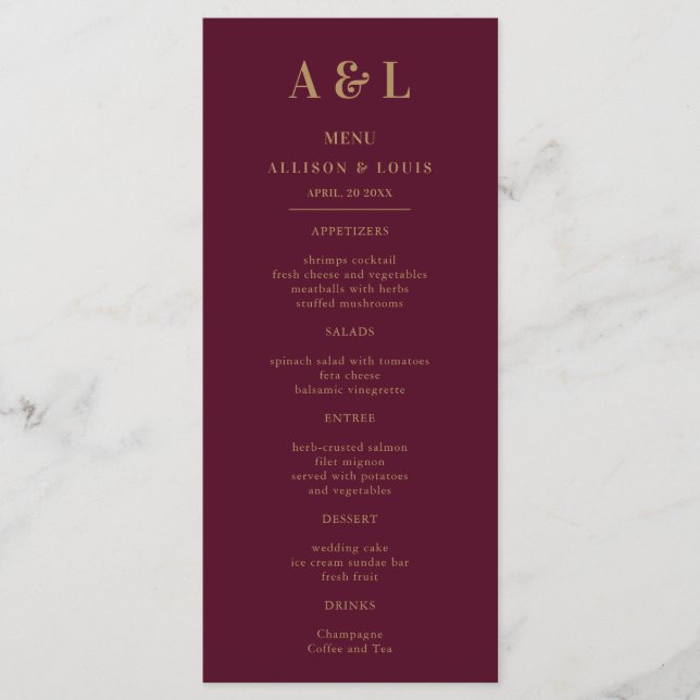 Menu Monograma Minimalista de Casamento Dourado (Frente)