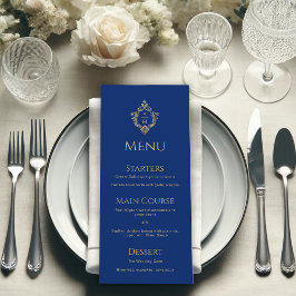 Menu Monograma Real Blue Faux Gold Foil Crest Casamento
