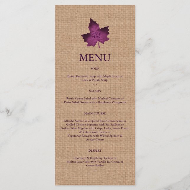 Menu Monograma Roxo Burlap (Frente)