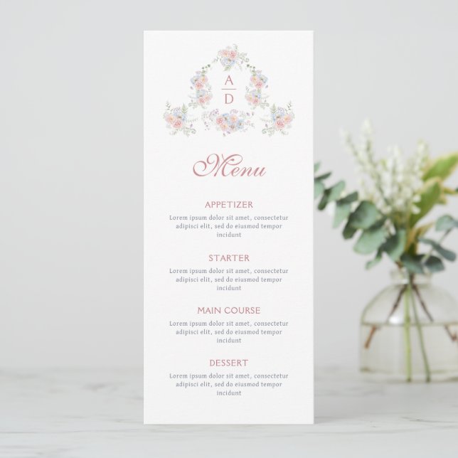 Menu Monogramas de casamentos de pastel Peonies (Em pé/Frente)