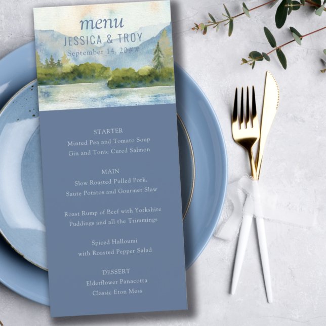 Menu Montanha Lago Watercolor Casamento Azul Dusty (Criador carregado)