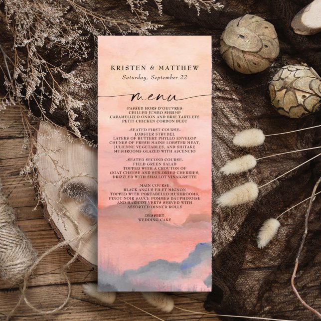 Menu Montanha Sunset Watercolor Rustic (Elegant sunset mountain watercolor wedding menu for a barn, mountain, woodland, or fall wedding. )