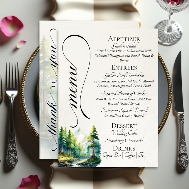 Menu Montanhas em Aquarela, Monograma & Obrigado (Criador carregado)