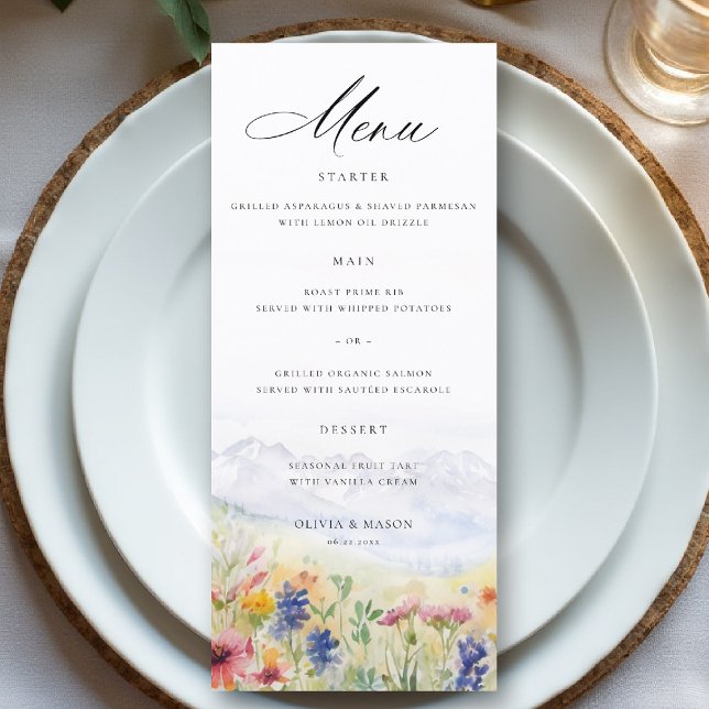 Menu Montanhas Flores Silvestres Prado Casamento Capric (mountains wedding menu wildflowers meadow floral watercolor modern elegant rustic romantic)