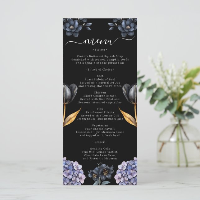 Menu Moody Black Floral Classic Whimsical Chic Wedding (Em pé/Frente)