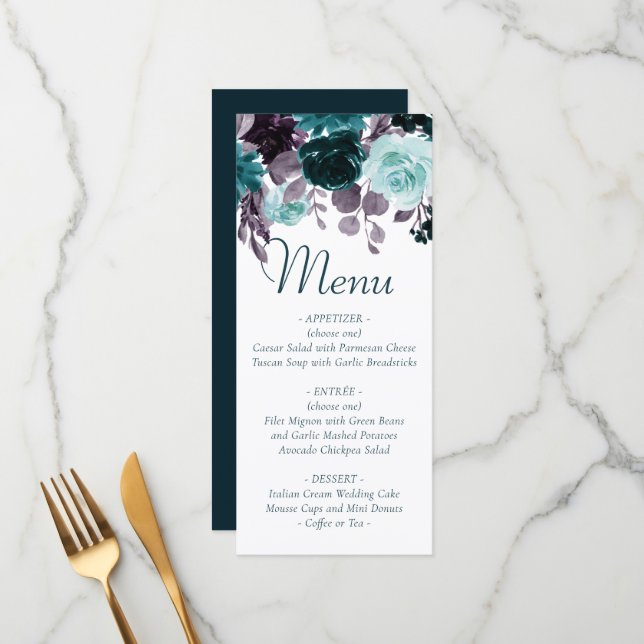 Menu Moody Boho | Teal e Turquesa - Floral Escuro (Frente/Verso In Situ)