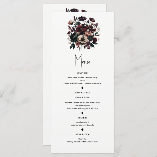 Menu Moody Rustic Garden Florals Bohemian WedMenu (Frente/Verso)