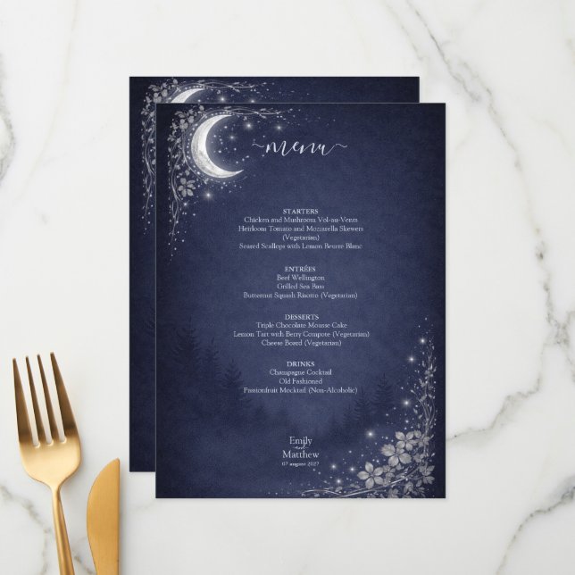 Menu Moonlit Grove Celestial Woodland Wedding Party (Frente/Verso In Situ)