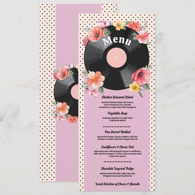 Menu Music Record Wedding Floral 1950s (Frente/Verso)
