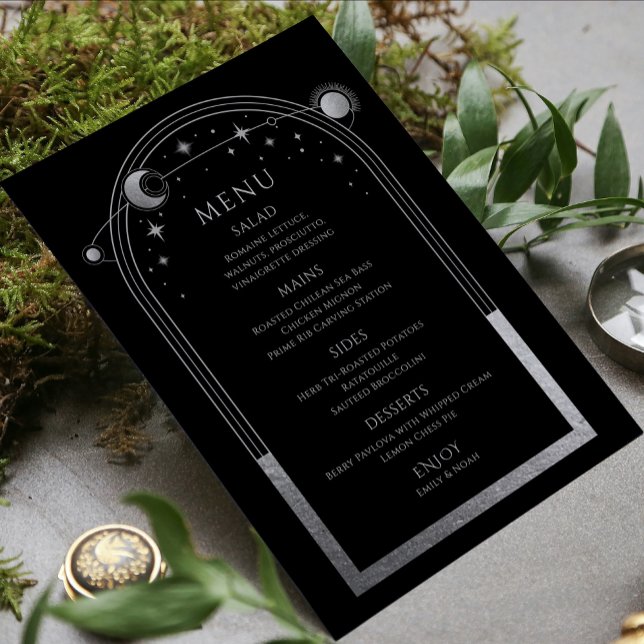 Menu Mystical Black Silver Sun Moon Stars Casamento (Criador carregado)