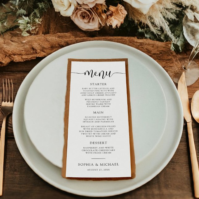 Menu Na moda Moderna Caligrafia Negra Casamento Branco (Criador carregado)