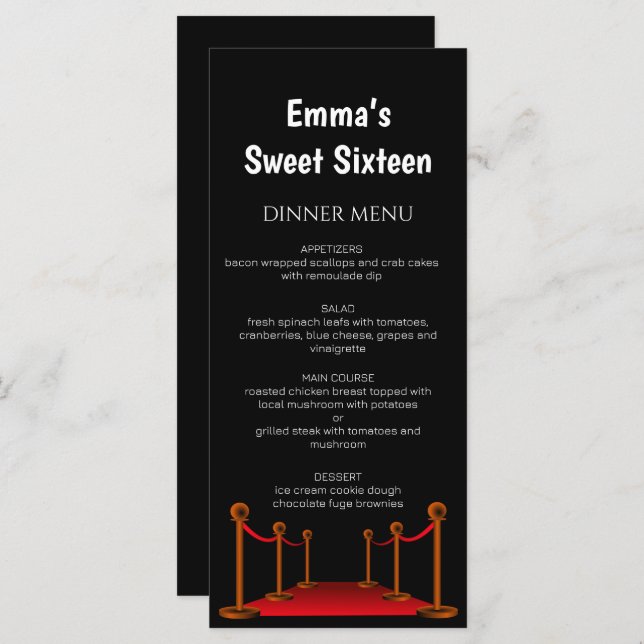 Menu Na moda Red Carpet Hollywood Sweet 16 Aniversário (Frente/Verso)