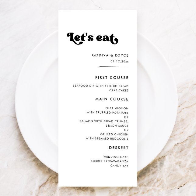 Menu Na moda retro preto e branco Vamos para o casament (Criador carregado)