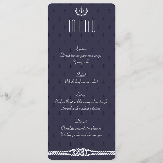 Menu Náutico de Casamento com Âncoras Azuis (Frente)